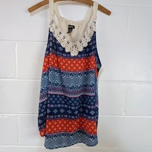Justify Geometric Womens Red Blue Lace Top Size 1X Spaghetti‎ Strap Boho Elegant